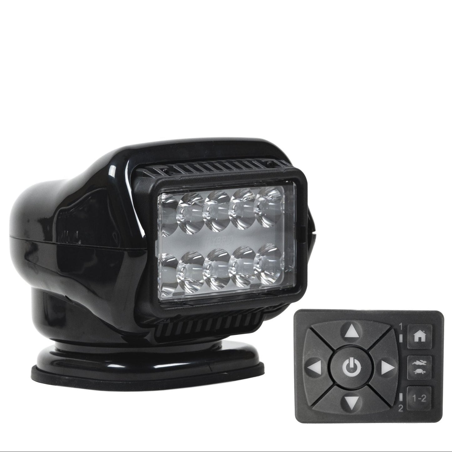 Black LED light with remote control on a white background